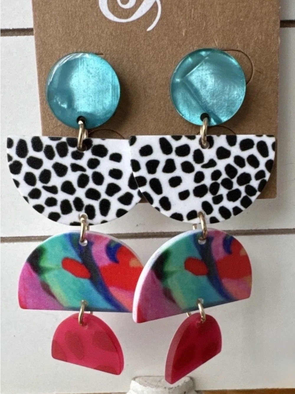 Plunder Turquoise, Black, White & Pink Multi-Tier Acrylic Drop Dangle Earrings